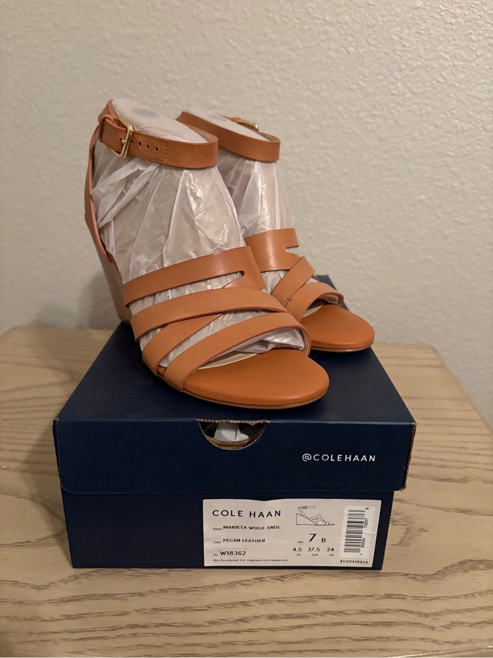 Cole Haan Pecan Leather Strappy Wedge Sandals